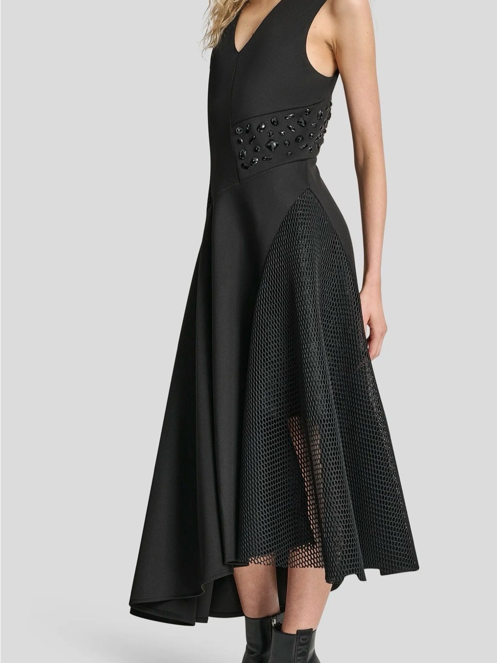 Black Sculpted Mesh Panel Asymmetrical Midi Dress Minimalist Tech Core S V-neck